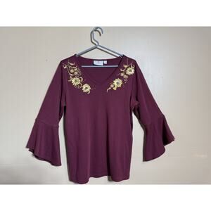 Quacker Burgundy Embroidered Beaded Floral Top Size M Bell Sleeves Whimscal